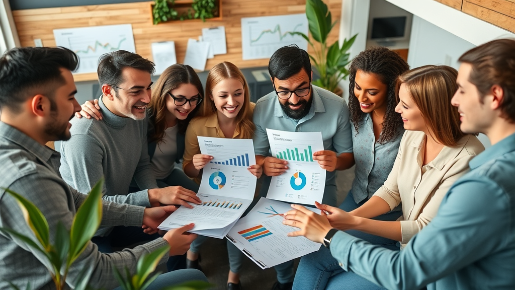 Diverse London ON SEO professionals develop digital marketing strategies in a coworking space with digital dashboards and plants, collaborating over documents