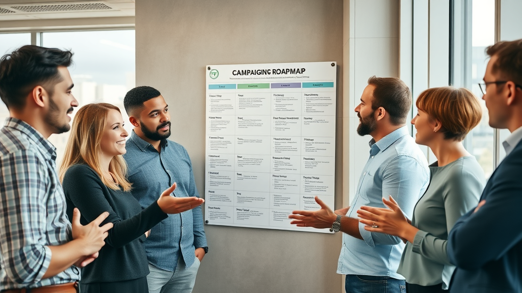 b2b content marketing london marketing team in London office discusses campaign checklist and objectives, bright and collaborative workspace
