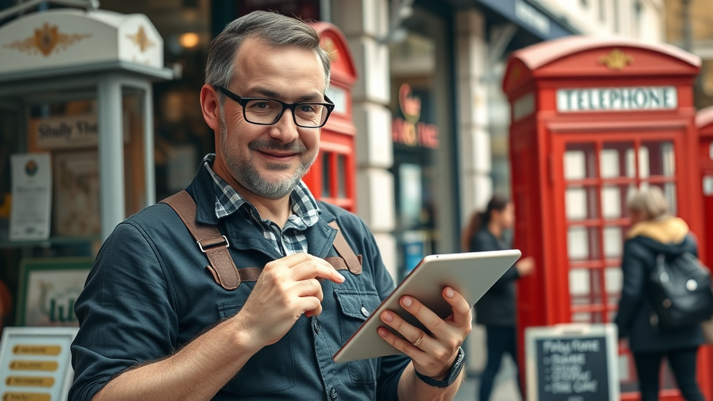 local London shop owner updating Google My Business, example of local SEO in off-page SEO strategies London