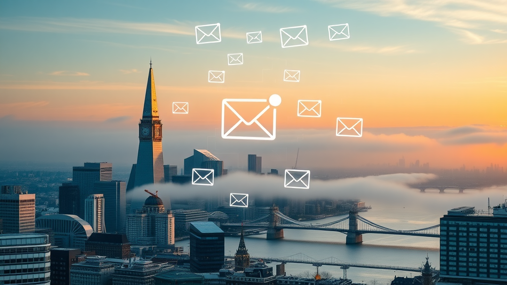 dynamic cityscape of central London with digital marketing icons and email symbols floating above iconic skyline, energetic, representing technology, Photorealistic High Fidelity Lifelike, dawn background with soft fog enveloping skyscrapers and the Thames, highly detailed, dynamic lighting with motion blur on email icons, vivid colors, sunrise lighting, shot with a wide-angle lens.