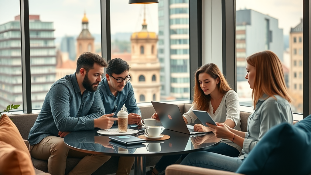 Vibrant London cityscape content creation services London team collaborating in modern meeting space