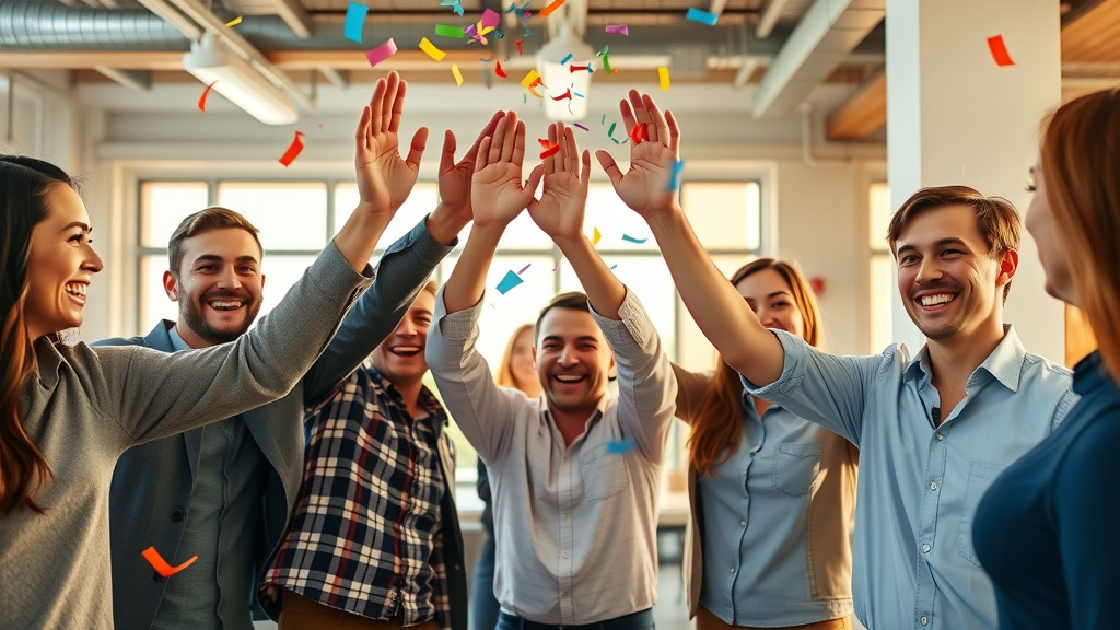 online marketing tools for small businesses - triumphant business team celebrating in colorful office with confetti and high-fives, golden hour