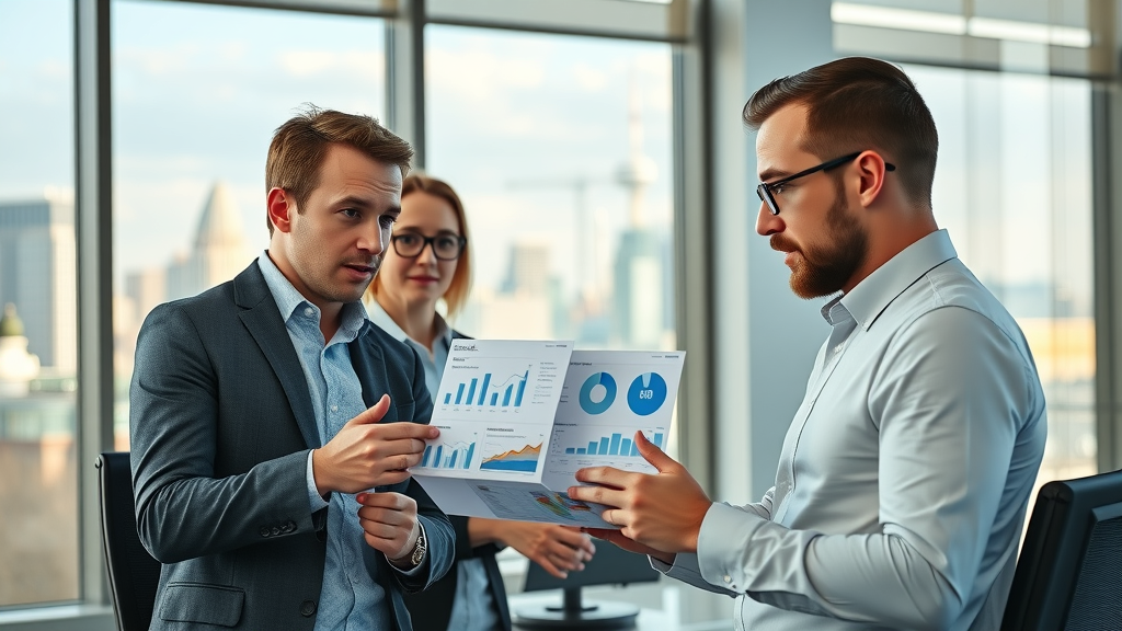 Professional SEO consultants London ON collaborating on digital marketing strategies in a modern London office with city skyline, digital marketing charts visible, natural morning light