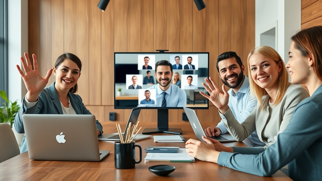 London ON business team connects with an SEO consultant by video call, welcoming and proactive, modern workspace, notepads and laptops visible