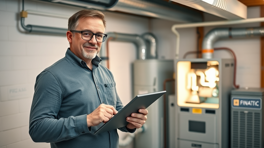 Energy management consultant analyzing high-efficiency home HVAC system