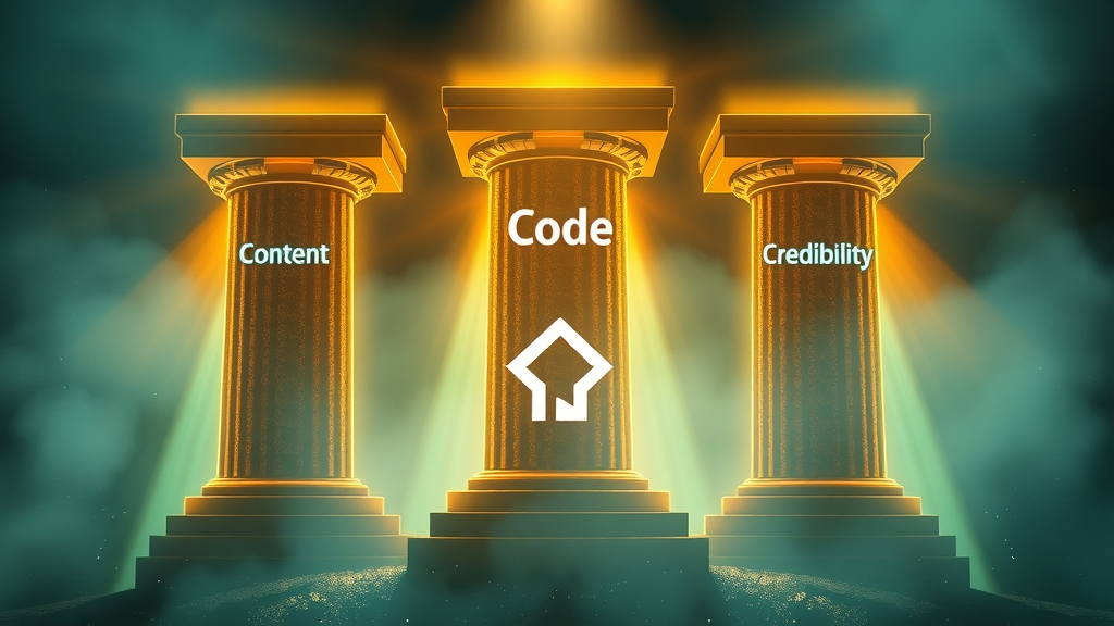 three pillars of seo - content, code, credibility supporting small business logo