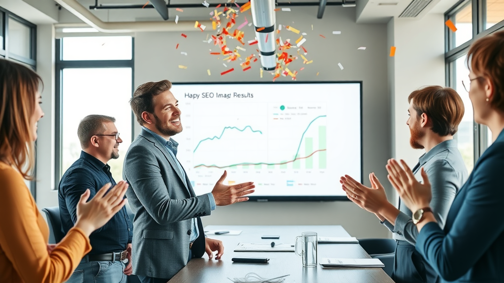 marketing team celebrating positive small business SEO campaign results