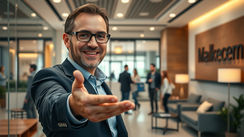 Marketing advisor inviting for a free local SEO consultation in an upscale office.