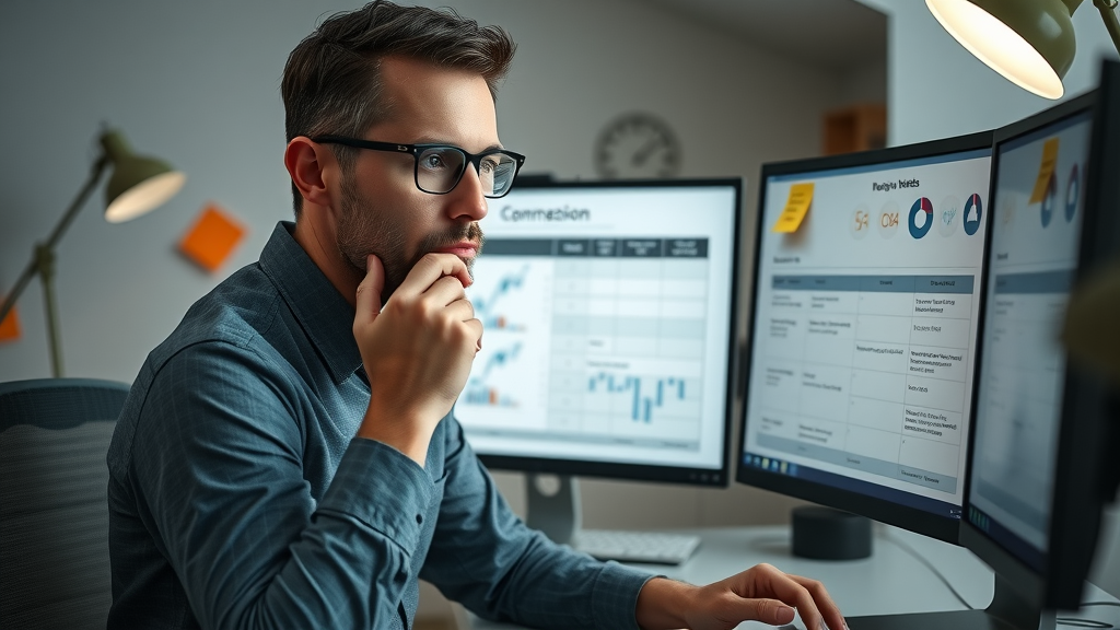 marketing tools for small businesses - thoughtful small business owner evaluating software options on screen, office with checklists and charts