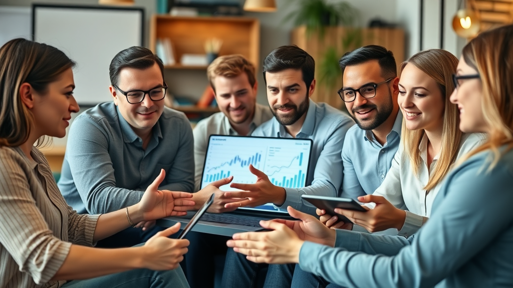 online marketing tools for small businesses - vibrant group of small business owners, confident, engaging in a discussion over digital devices, cozy small business environment with digital charts visible on screens, natural colors, soft natural lighting