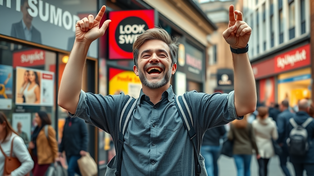 London retail store owner celebrating digital marketing campaign success on busy city street