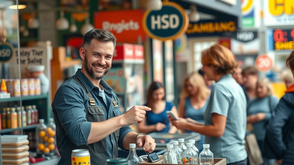 dynamic local business storefront bustling with customers, business owner arranging products, vibrant main street, email marketing for local businesses