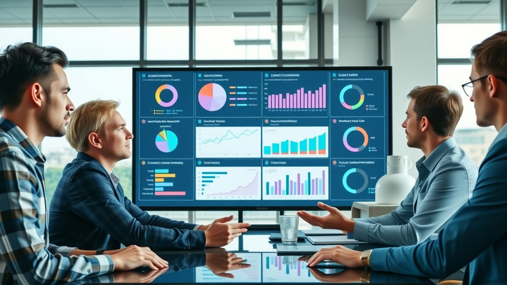 digital marketing team for small businesses - dynamic team analyzing campaign results on digital dashboard in modern meeting room, infographics updating in real time