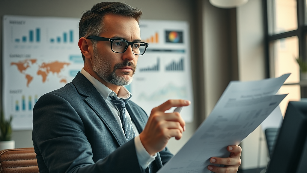 analytical business consultant reviewing marketing tool strategy in modern workspace, charts and diagrams