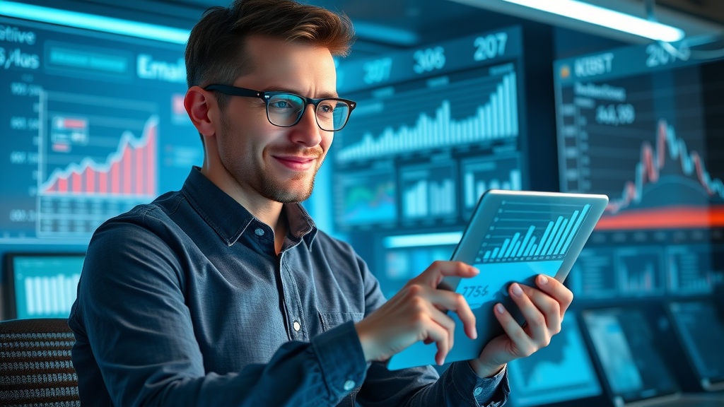 focused marketer reviewing benchmark reports on tablet, digital workspace, holographic email marketing ROI London statistics