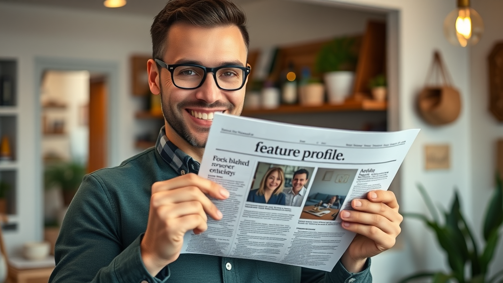 Business owner proudly displaying a business profile article in London Ontario store office