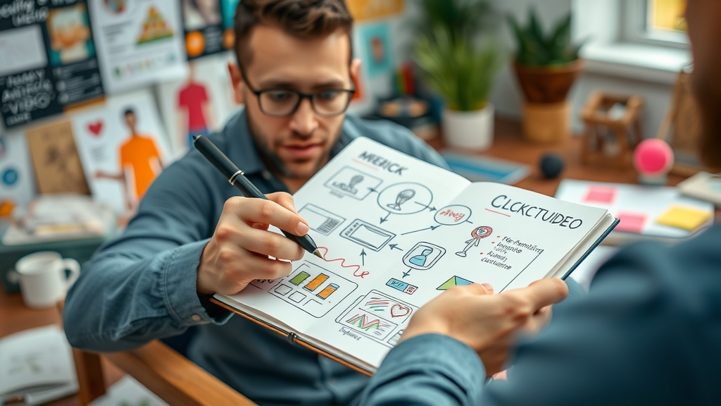 content marketer sketching strategic social media and video content campaigns in a creative workspace