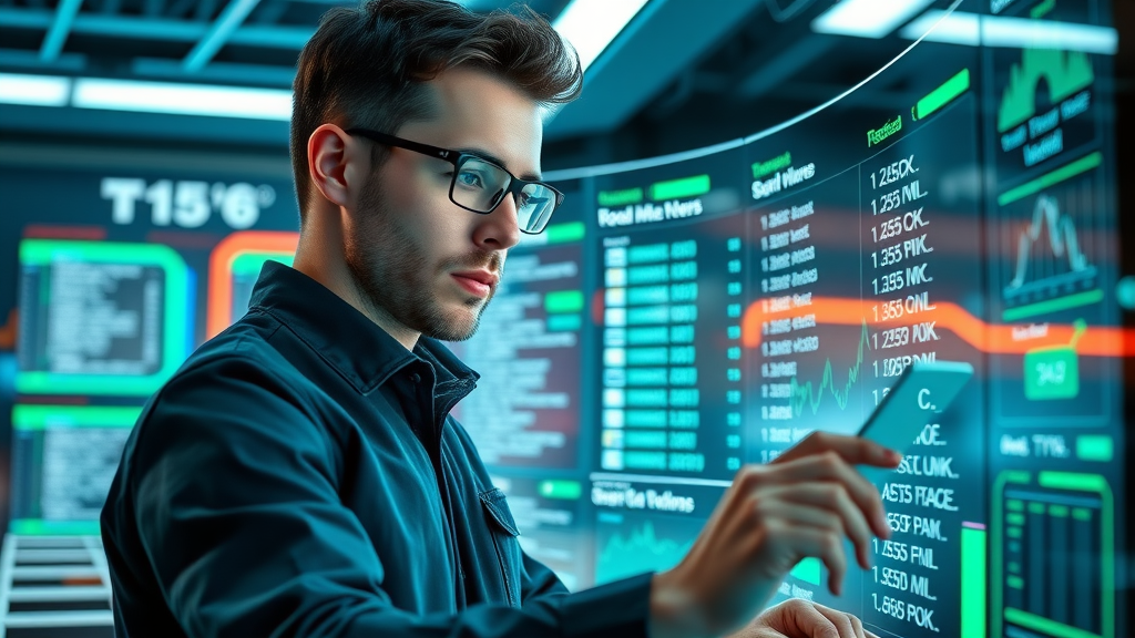 Digital marketer researching local keywords for a local SEO strategy on a futuristic digital dashboard.