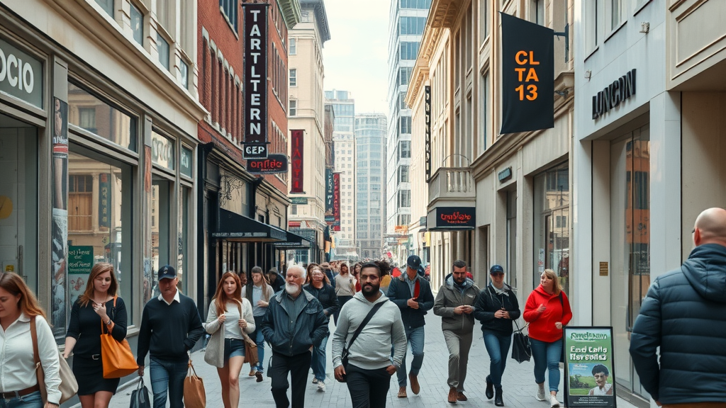 vibrant downtown London Ontario business district, local SEO London Ontario storefronts, bustling city atmosphere, natural daylight