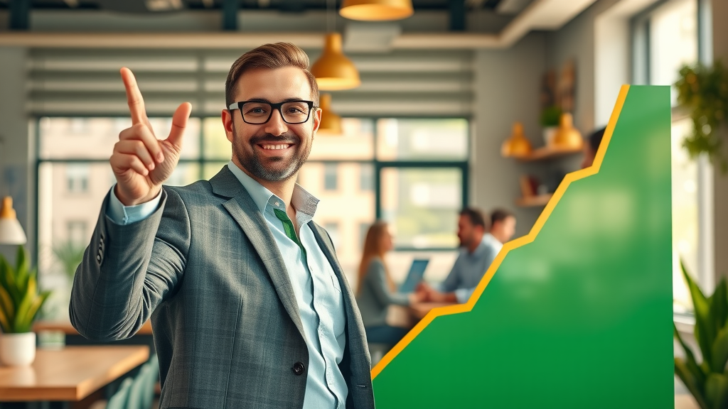 Business owner celebrating growth with an upward-trending graph, content marketing tips for small businesses