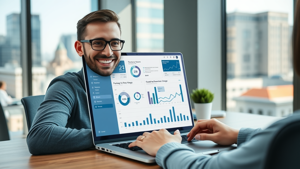 dynamic business website dashboard on a high-speed laptop for website optimization london ontario, user monitoring performance metrics in modern office with London Ontario cityscape