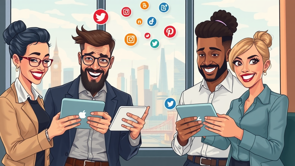 diverse london business owners reviewing social media marketing results, tablet devices, stylized city skyline, vibrant social icons