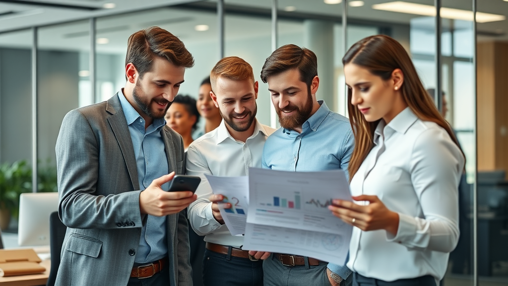 Professional marketing team collaborating in modern office, digital marketing agency, analyzing strategies for small business marketing in London Ontario