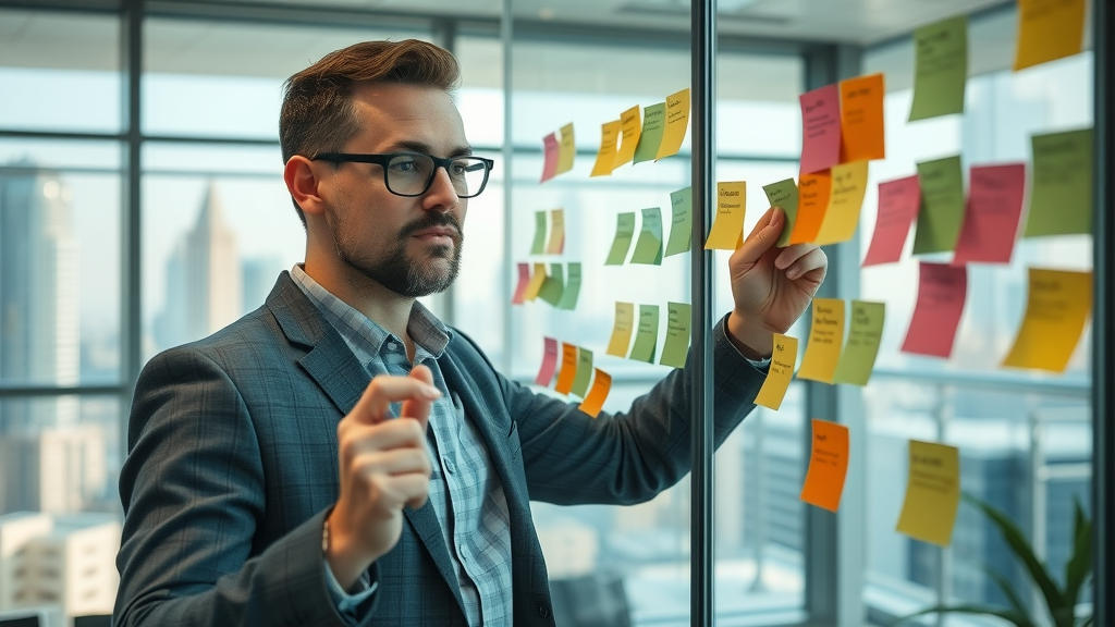 small business owner planning marketing strategies and business marketing goals on glass wall
