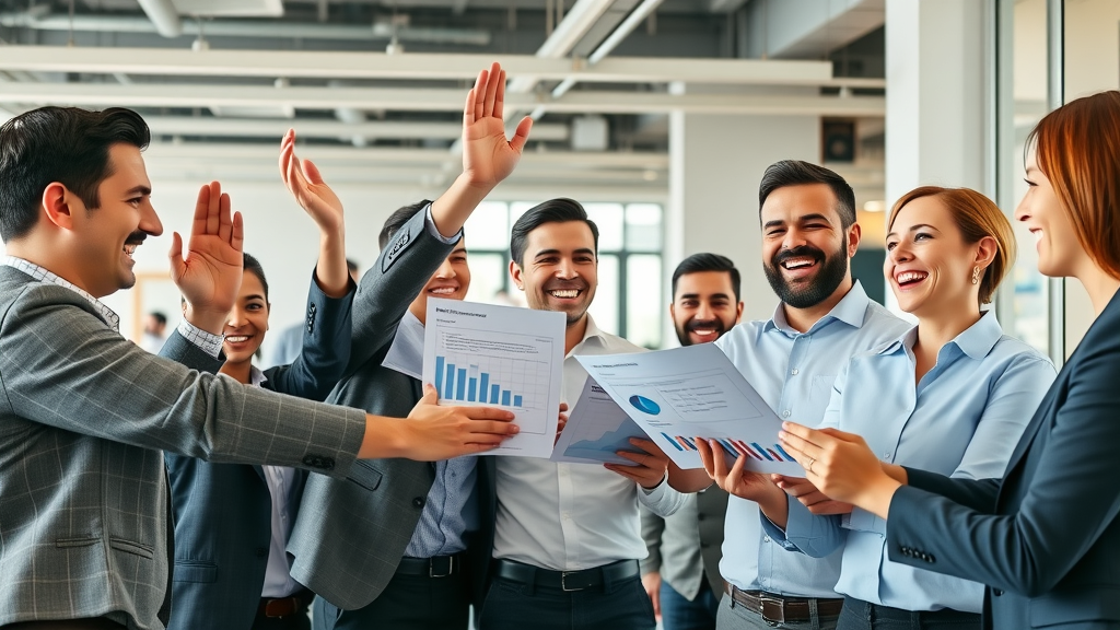 celebrating business team reviewing performance reports, content marketing agencies london ontario, marketing success, web development, digital marketing agency