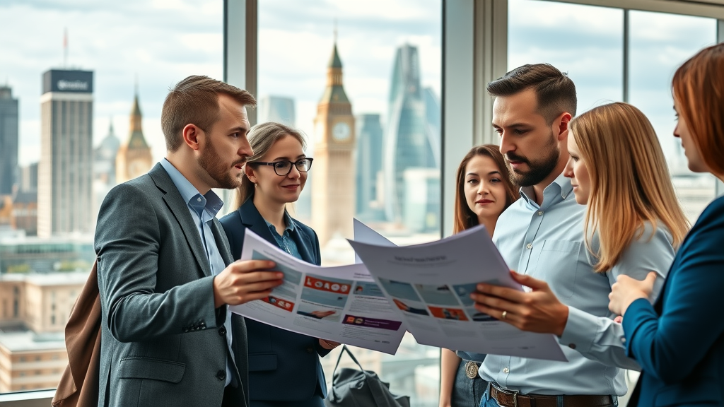 london marketing agencies professionals discussing strategy in a modern london office with iconic cityscape
