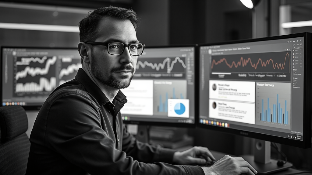 Analytical London marketer conducting A/B testing for targeted email marketing campaigns, dual monitors displaying variant emails and real-time campaign metrics.