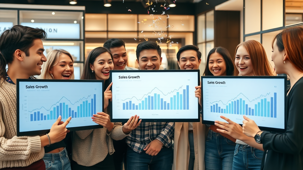 trendy London fashion retailer team gathered around screens displaying sales growth charts, excited expressions, celebrating success, Photorealistic High Fidelity Lifelike, retail store background blending with digital data overlays, highly detailed, confetti or digital sparks for celebration, pastel accent colors, warm shop lighting, shot with a 24-70mm lens.
