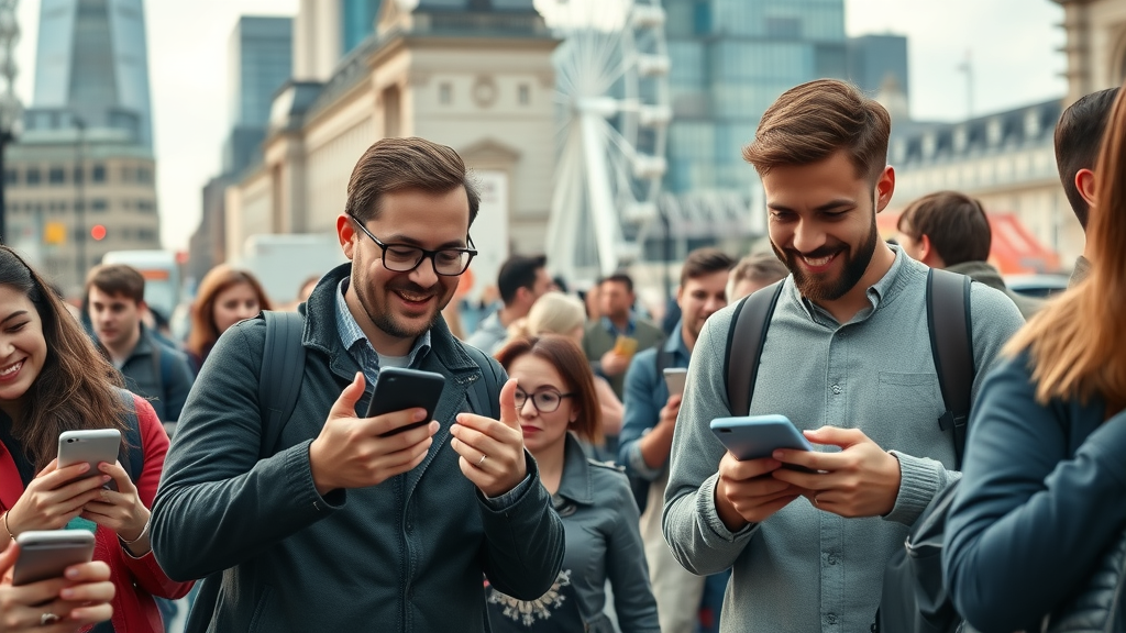 social media marketing london vibrant cityscape with commuters engaging on smartphones and tablets near the Shard and London Eye