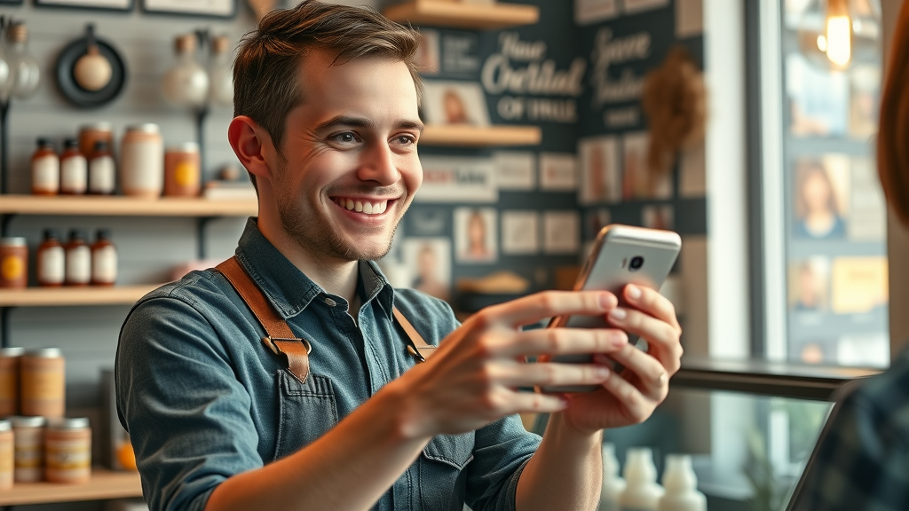 Small business owner using smartphone to post on social media for content marketing