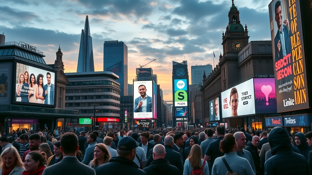 london cityscape dusk with digital billboards showing social media advertising london campaigns