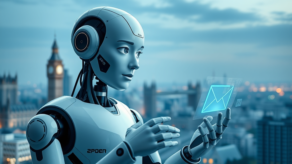 London email marketing trends - AI robot assistant sorting emails, high-rise London cityscape, digital interface