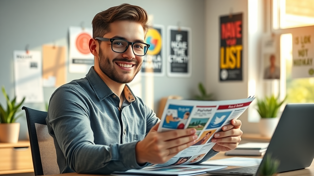 Inspirational small business owner reviewing advertising materials at modern desk