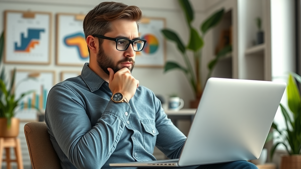 Professional marketing expert reviewing advertising graphs on laptop