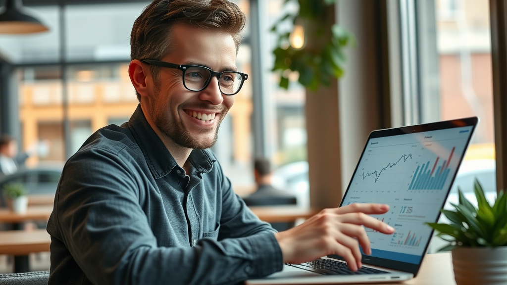 London Ontario entrepreneur reviewing business profile article analytics in a modern cafe