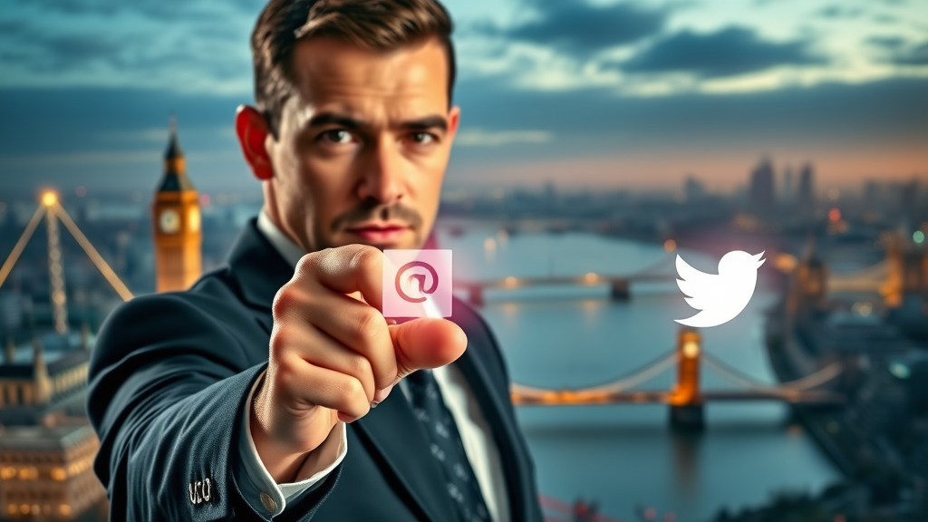competitive professional choosing digital marketing channel, stylized London skyline with email and social media icons