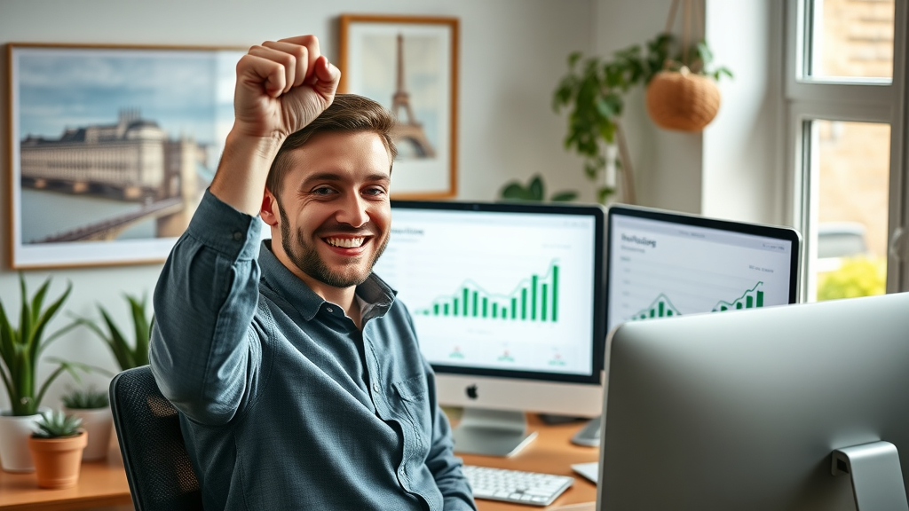 triumphant small London business owner raising fist in celebration in front of computer with email success analytics on screen, joyful, celebrating, Photorealistic High Fidelity Lifelike, cozy office with indoor plants and London city poster, highly detailed, charts popping with greens and blues, bright morning lighting, shot with a 28mm lens.