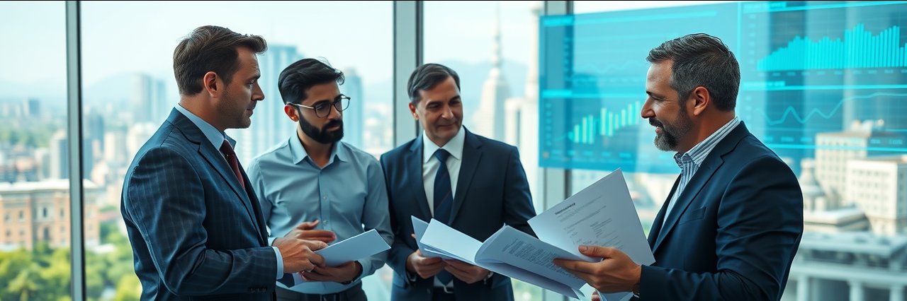 Energy management consultants analyzing strategies in a modern office setting.