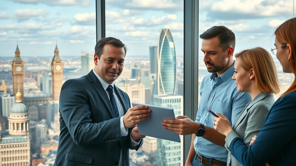 Digital marketing London business agency collaborating with London skyline in the background, diverse cityscape, glass office, professional marketers, digital strategy