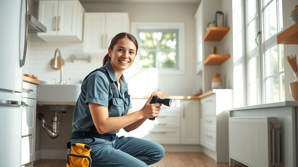 Plumbing services expert examining kitchen pipes in bright clean home