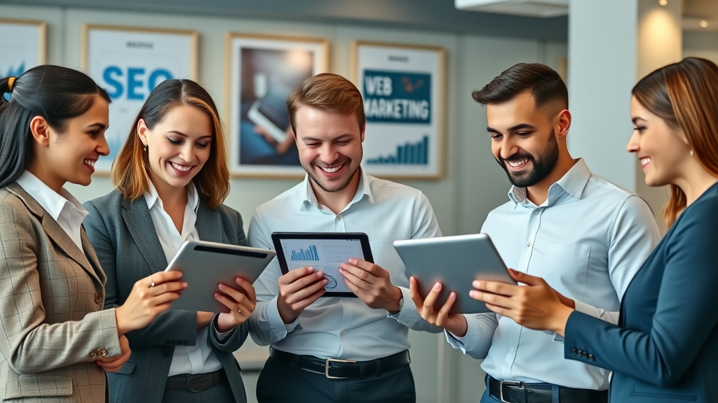 seo agency london ontario professional team reviewing web analytics tablets modern office digital marketing posters prominent seo strategy