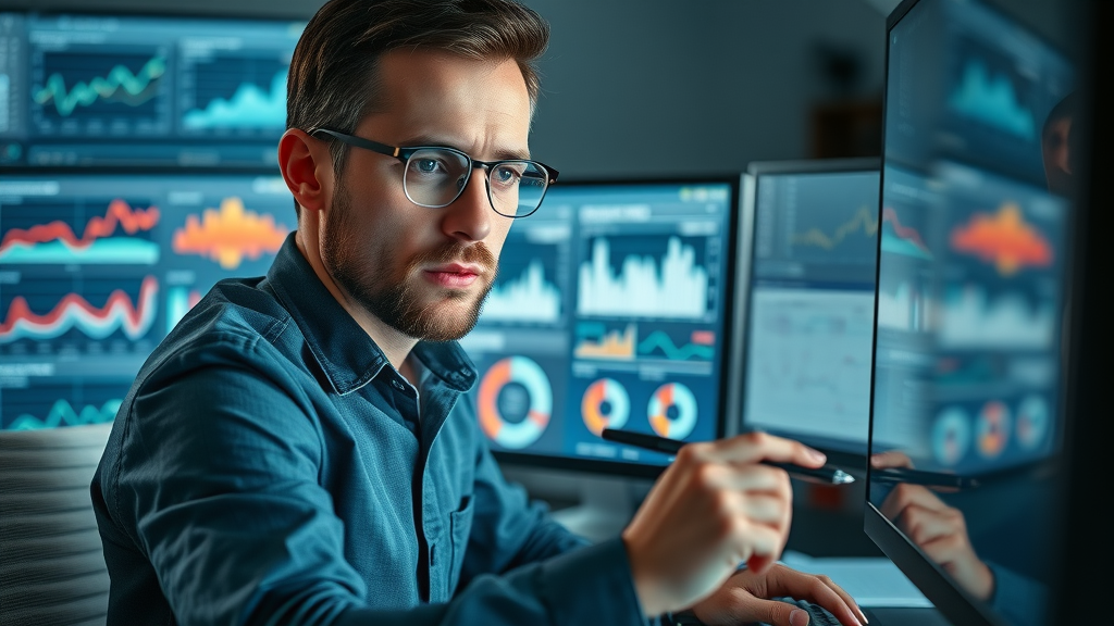 Analytical SEO expert London ON reviewing website audit data on monitors in a technical workspace with graphs and analytics in the background