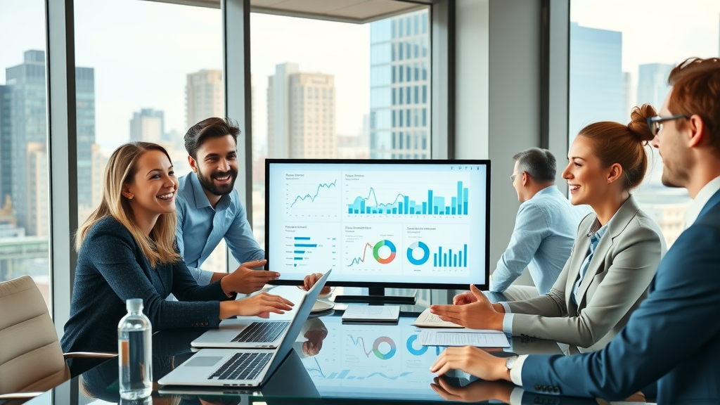 vibrant modern business team reviewing digital marketing analytics in London Ontario office, content marketing agencies london ontario