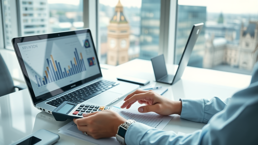 analytical professional calculating email marketing ROI London, office with London landmarks outside, calculator and laptop showing ROI graphs