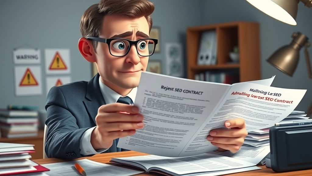 Worried business owner reviewing low-cost SEO contract and rejected proposals in London Ontario