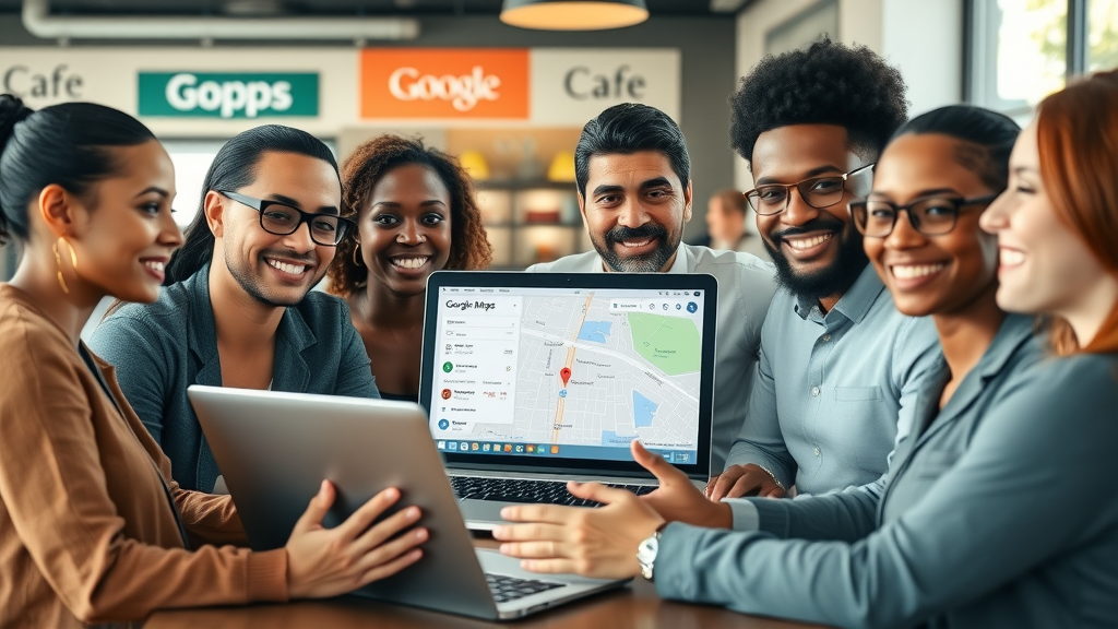 Local SEO optimization for small business owners gathered around a laptop showing Google Maps in a vibrant cafe.